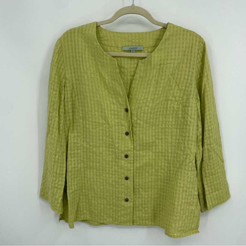 Nurture Shirt Womens Sz M Green Check 3/4 Sleeve Woven Linen Blend Button Up Top